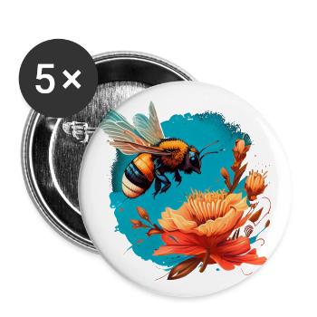 Cooles Bienen Motiv mit großer Blüte Cartoon Comic - Buttons groß 56 mm (5er Pack) - Weiß - Vorne