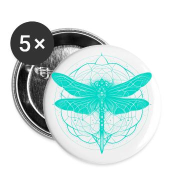 Libelle mit Ornament türkis - Heilige Geometrie - Buttons groß 56 mm (5er Pack) - Weiß - Vorne