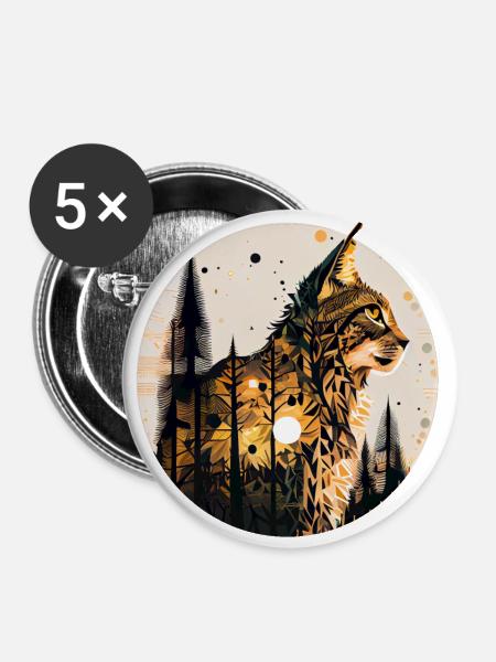 Lynx with moon in the forest with pattern - Buttons large 2.2''/56 mm (5-pack) - white