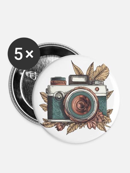 Coole Vintage Retro Kamera Boho Style - Buttons groß 56 mm (5er Pack) - Weiß