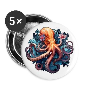 Wunderschöner Oktopus mit Blumen Boho Style - Buttons groß 56 mm (5er Pack) - Weiß - Vorne