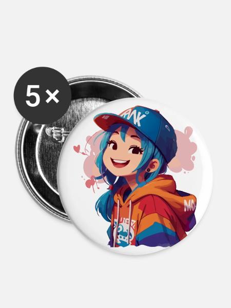 Asiatisches Mädchen im Kapuzenpullover - Buttons groß 56 mm (5er Pack) - Weiß