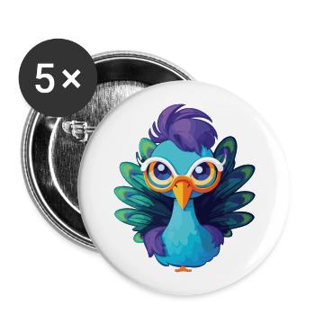 Niedlicher Pfau mit Brille Cartoon Kawaii - Buttons groß 56 mm (5er Pack) - Weiß - Vorne
