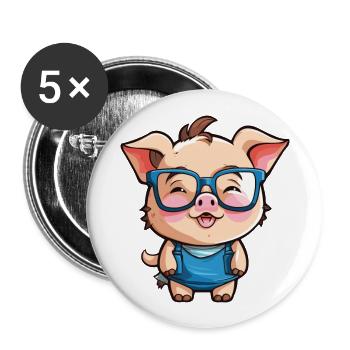 Schwein mit Brille Cartoon Kawaii Illustration - Buttons groß 56 mm (5er Pack) - Weiß - Vorne