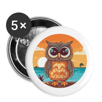 Owl Funny Cartoon Kawaii Beach Illustration - Buttons large 2.2''/56 mm (5-pack) - white - Front