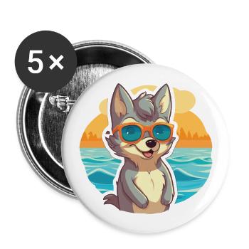 Wolf Funny Cartoon Kawaii Beach Illustration - Buttons large 2.2''/56 mm (5-pack) - white - Front