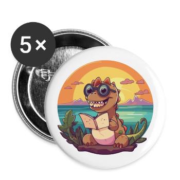 Dinosaure Mignon Drôle Dessin Animé Kawaii Livre Plage - Lot de 5 grands badges (56 mm) - blanc - Devant
