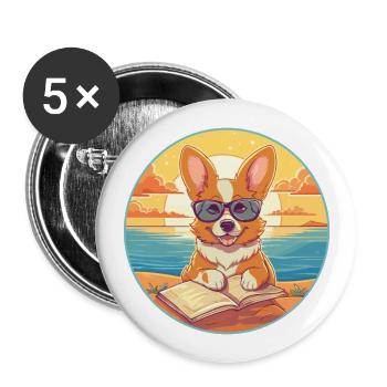 Corgi Chien Mignon Drôle Dessin Animé Kawaii Livre Plage - Lot de 5 grands badges (56 mm) - blanc - Devant