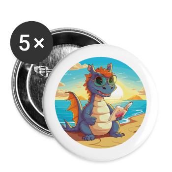 Drache Niedlich Lustige Karikatur Kawaii Buch Strand - Buttons groß 56 mm (5er Pack) - Weiß - Vorne