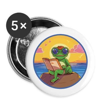 Grenouille Mignon Drôle Dessin Animé Kawaii Livre Plage - Lot de 5 grands badges (56 mm) - blanc - Devant