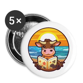Vache Mignon Drôle Dessin Animé Kawaii Livre Plage - Lot de 5 grands badges (56 mm) - blanc - Devant