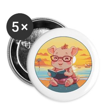 Cochon Mignon Drôle Dessin Animé Kawaii Livre Plage - Lot de 5 grands badges (56 mm) - blanc - Devant