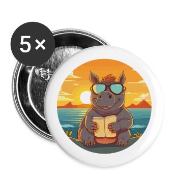Nashorn Niedliche Lustige Karikatur Kawaii Buch Strand - Buttons groß 56 mm (5er Pack) - Weiß - Vorne