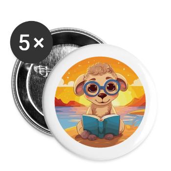 Schaf Niedlich Lustige Karikatur Kawaii Buch Strand - Buttons groß 56 mm (5er Pack) - Weiß - Vorne