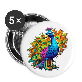 Peacock Colorful Watercolor Cartoon Kawaii Animal - Buttons large 2.2''/56 mm (5-pack) - white - Front