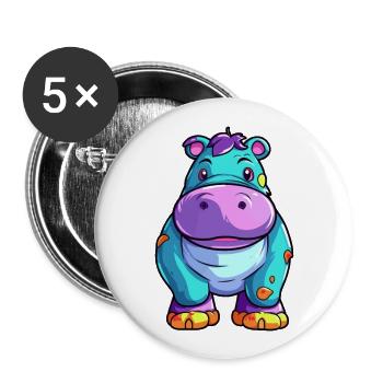 Hippo Colorful Watercolor Cartoon Kawaii Animal - Buttons large 2.2''/56 mm (5-pack) - white - Front