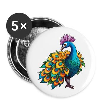 Peacock Colorful Watercolor Cartoon Kawaii Animal - Buttons large 2.2''/56 mm (5-pack) - white - Front