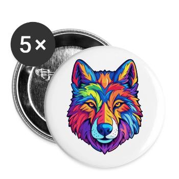 Wolf Colorful Watercolor Cartoon Kawaii Animal - Buttons large 2.2''/56 mm (5-pack) - white - Front