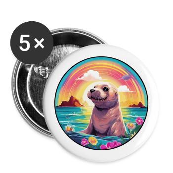 Sceau Aquarelle Colorée Dessin Animé Kawaii Animal - Lot de 5 grands badges (56 mm) - blanc - Devant