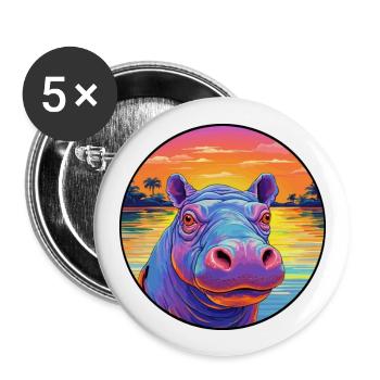 Hippo Colorful Watercolor Cartoon Kawaii Animal - Buttons large 2.2''/56 mm (5-pack) - white - Front