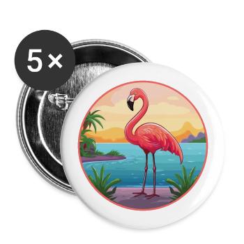 Flamant rose aquarelle dessin animé Kawaii Clipart Animal - Lot de 5 grands badges (56 mm) - blanc - Devant