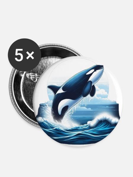 Blauer Orca - Buttons groß 56 mm (5er Pack) - Weiß