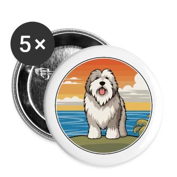 Vieux chien de berger anglais race de chien de dessin animé Kawaii chien - Lot de 5 grands badges (56 mm) - blanc - Devant