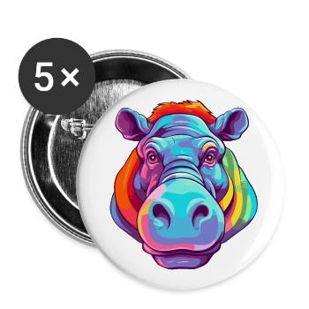 Nilpferd bunte Aquarell-Karikatur Kawaii-Tier - Buttons groß 56 mm (5er Pack) - Weiß - Vorne