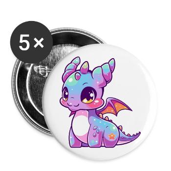 Drache Niedlich Glücklich Kawaii Cartoon Clipart Tier - Buttons groß 56 mm (5er Pack) - Weiß - Vorne