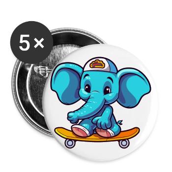 Lustiger Elefant Kawaii Cartoon spielt Skateboard - Buttons groß 56 mm (5er Pack) - Weiß - Vorne