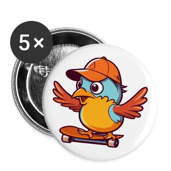 Drôle d’oiseau kawaii dessin animé animal de compagnie jouant à la planche à roulettes - Lot de 5 grands badges (56 mm) - blanc - Devant