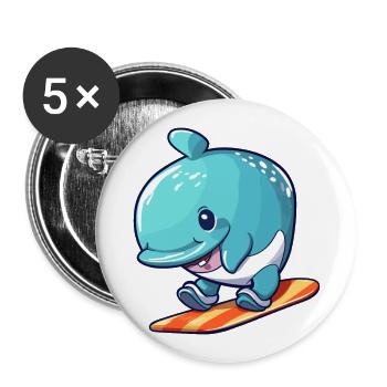 Lustiger Wal Kawaii Cartoon Haustier spielt Skateboard - Buttons groß 56 mm (5er Pack) - Weiß - Vorne