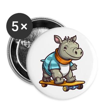 Funny Rhino Kawaii Cartoon Pet Playing Skateboard - Buttons large 2.2''/56 mm (5-pack) - white - Front