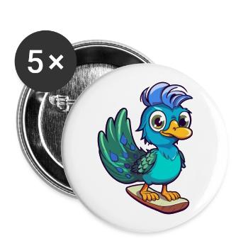Lustiger Pfau Kawaii Cartoon spielt Skateboard - Buttons groß 56 mm (5er Pack) - Weiß - Vorne