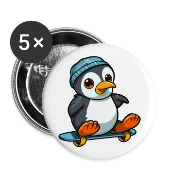 Lustiger Pinguin Kawaii Cartoon spielt Skateboard - Buttons groß 56 mm (5er Pack) - Weiß - Vorne