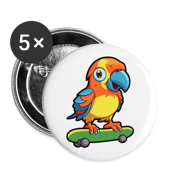 Lustiger Papagei Kawaii Cartoon Haustier spielt Skateboard - Buttons groß 56 mm (5er Pack) - Weiß - Vorne