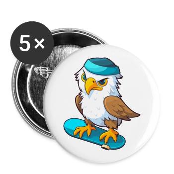 Lustiger Adler Kawaii Cartoon Haustier spielt Skateboard - Buttons groß 56 mm (5er Pack) - Weiß - Vorne