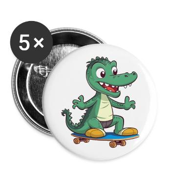 Funny Crocodile Kawaii Cartoon Playing Skateboard - Buttons large 2.2''/56 mm (5-pack) - white - Front
