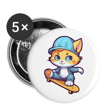 Lustige Katze Kawaii Cartoon Haustier spielt Skateboard - Buttons groß 56 mm (5er Pack) - Weiß - Vorne