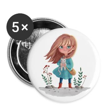 Illustration rothaariges Mädchen mit Katze - Buttons groß 56 mm (5er Pack) - Weiß - Vorne