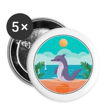 Illustration d’été de Yoga de plage de dessin animé de dauphin - Lot de 5 grands badges (56 mm) - blanc - Devant