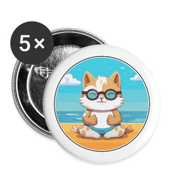Kitten Cartoon Yoga Beach Summer Illustration - Buttons large 2.2''/56 mm (5-pack) - white - Front
