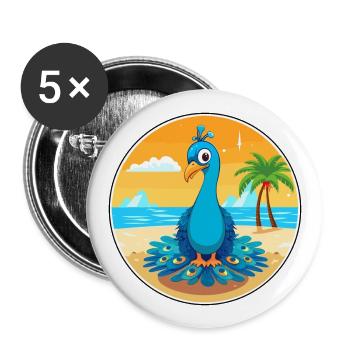 Pfau-Cartoon-Yoga-Strand-Sommer-Illustration - Buttons groß 56 mm (5er Pack) - Weiß - Vorne