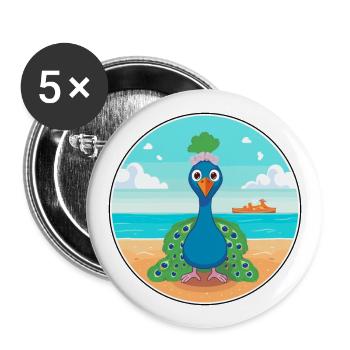 Pfau-Cartoon-Yoga-Strand-Sommer-Illustration - Buttons groß 56 mm (5er Pack) - Weiß - Vorne