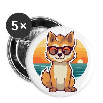 Wolf Funny Cartoon Kawaii Beach Illustration - Buttons large 2.2''/56 mm (5-pack) - white - Front