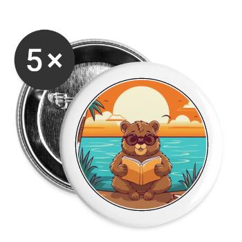 Beaver Cute Funny Cartoon Kawaii Book Beach - Buttons large 2.2''/56 mm (5-pack) - white - Front