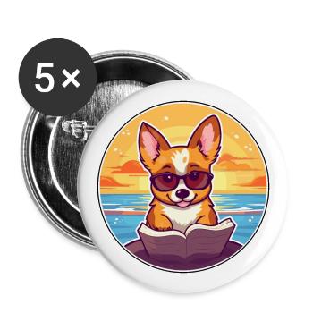 Corgi Chien Mignon Drôle Dessin Animé Kawaii Livre Plage - Lot de 5 grands badges (56 mm) - blanc - Devant