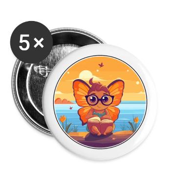 Butterfly Cute Funny Cartoon Kawaii Book Beach - Buttons large 2.2''/56 mm (5-pack) - white - Front