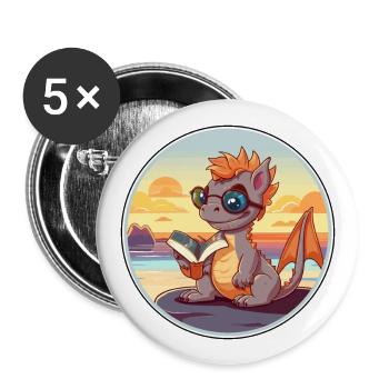 Drache Niedlicher lustiger Cartoon Kawaii Buchstrand - Buttons groß 56 mm (5er Pack) - Weiß - Vorne