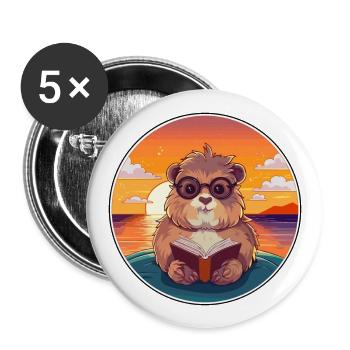 Cochon d’Inde Mignon Drôle Dessin Animé Kawaii Livre Plage - Lot de 5 grands badges (56 mm) - blanc - Devant